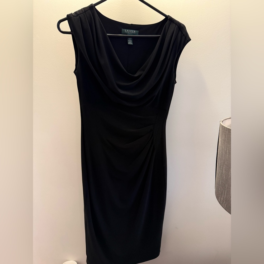 Lauren Ralph Lauren Black Sheath Midi Dress with Cowl Neck